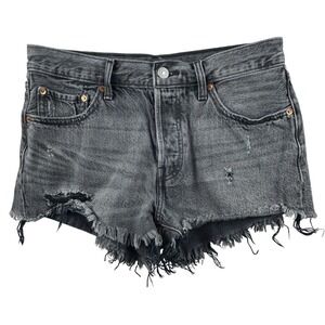 Levi's 501 High Rise Cutoff Shorts 28 Black Rigid Denim Distressed Button‎ Fly